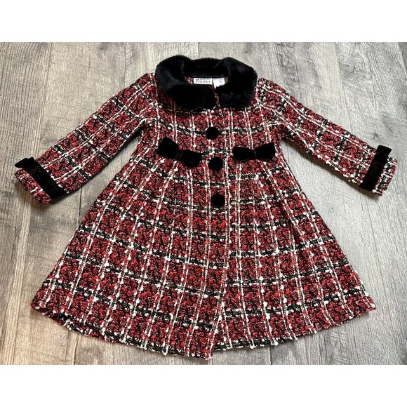 Blueberi Boulevard Coat Girls 3T Red Tweed Fur Collar Sequins Button Bow Holiday - Picture 1 of 9